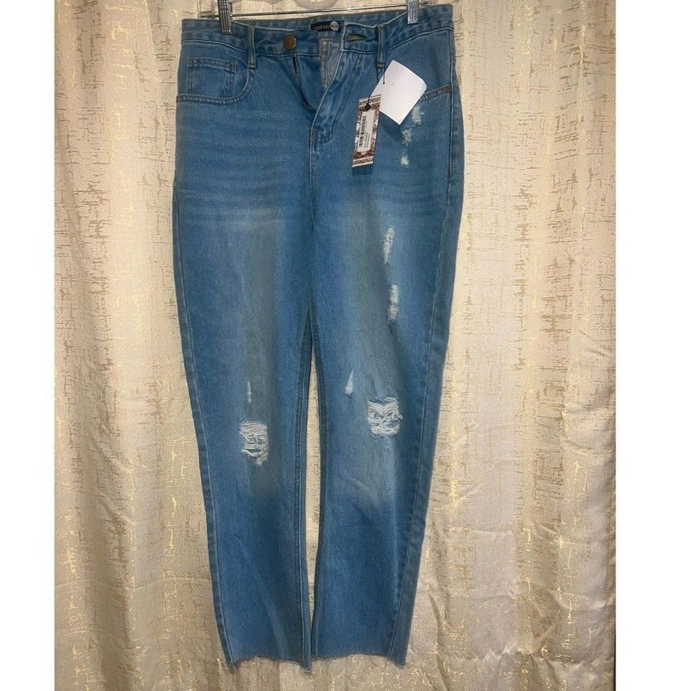 NWT Boohoo High Waist Mom Jeans Women 12 Blue Distressed Raw Hem Casual Weekend